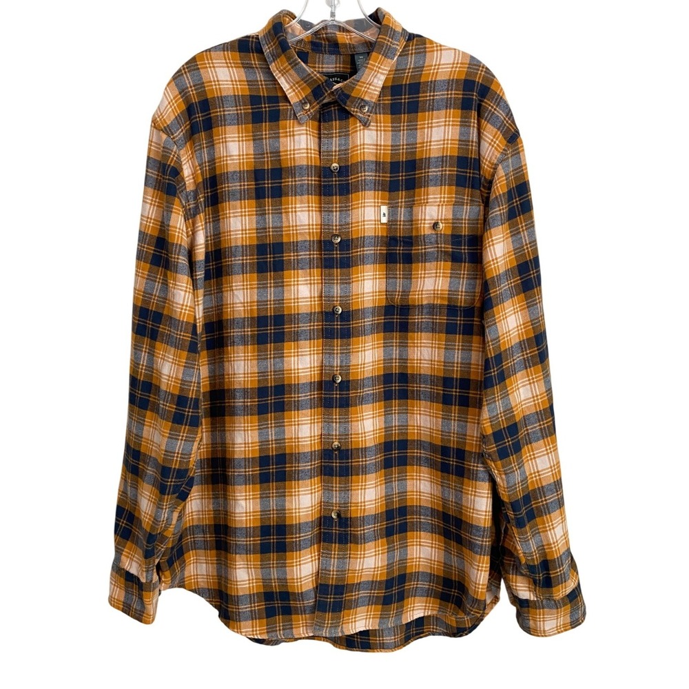 GH Bass Mens XL Flannel Shirt Mustard Yellow‎ Blue Plaid Long Sleeve Button Up